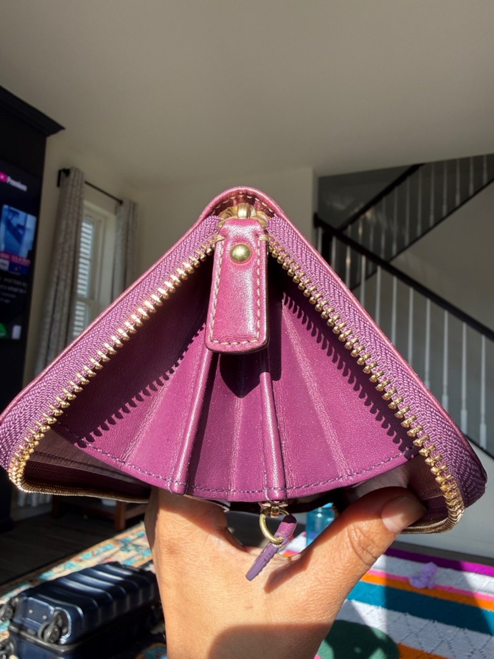 Coach Brown Signature Canvas Zip Wallet with Purple Trim - Picture 11 of 14